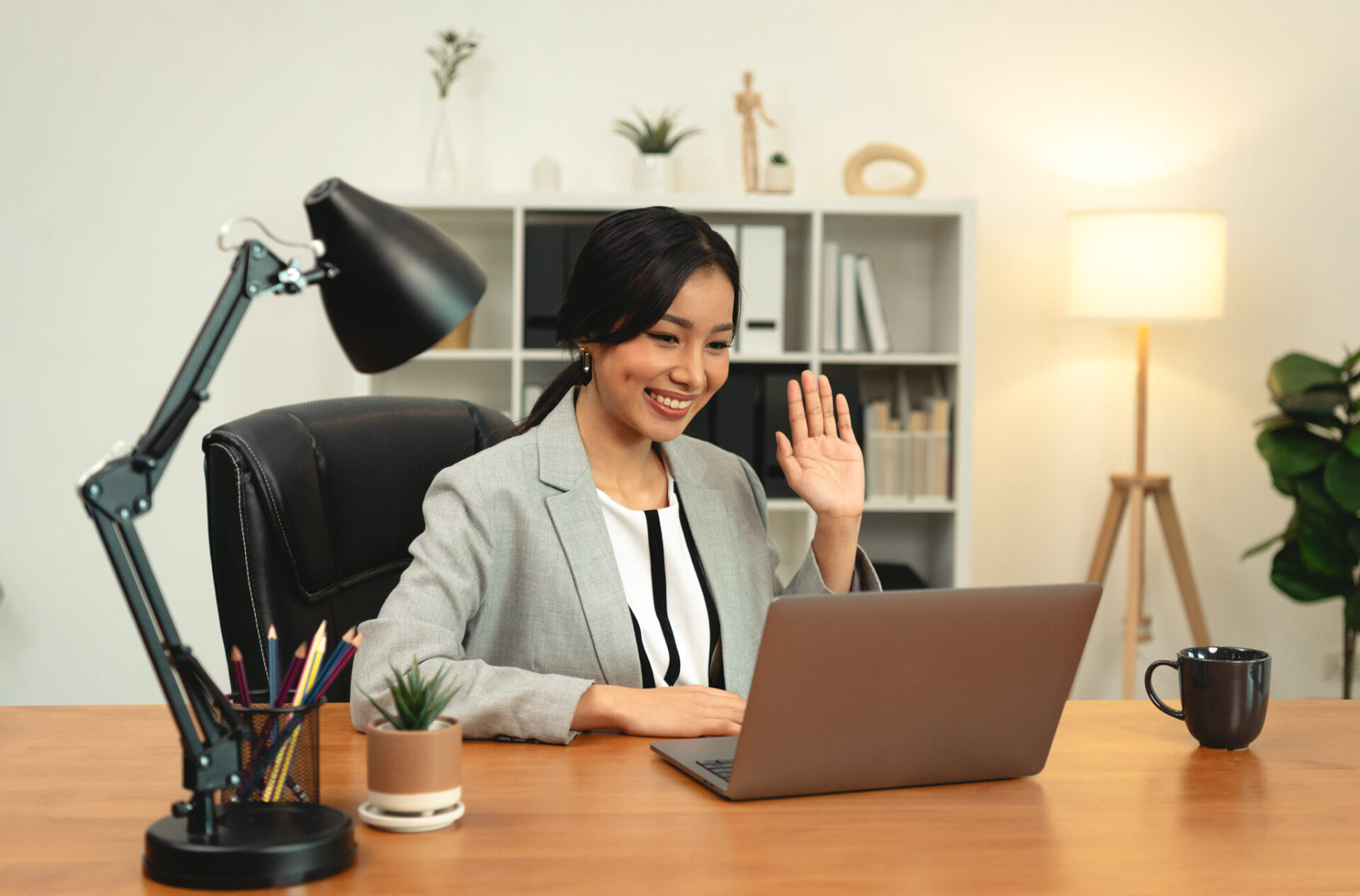 Asian businesswoman participate virtual video conference meeting